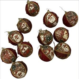 Vintage Foam Embellished Christmas Holiday Ornaments in Red & Gold Glitter Santa